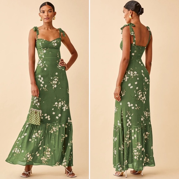 REFORMATION Jasen Dress in Green Floral Lomita Print Maxi Lined Size 10 NEW